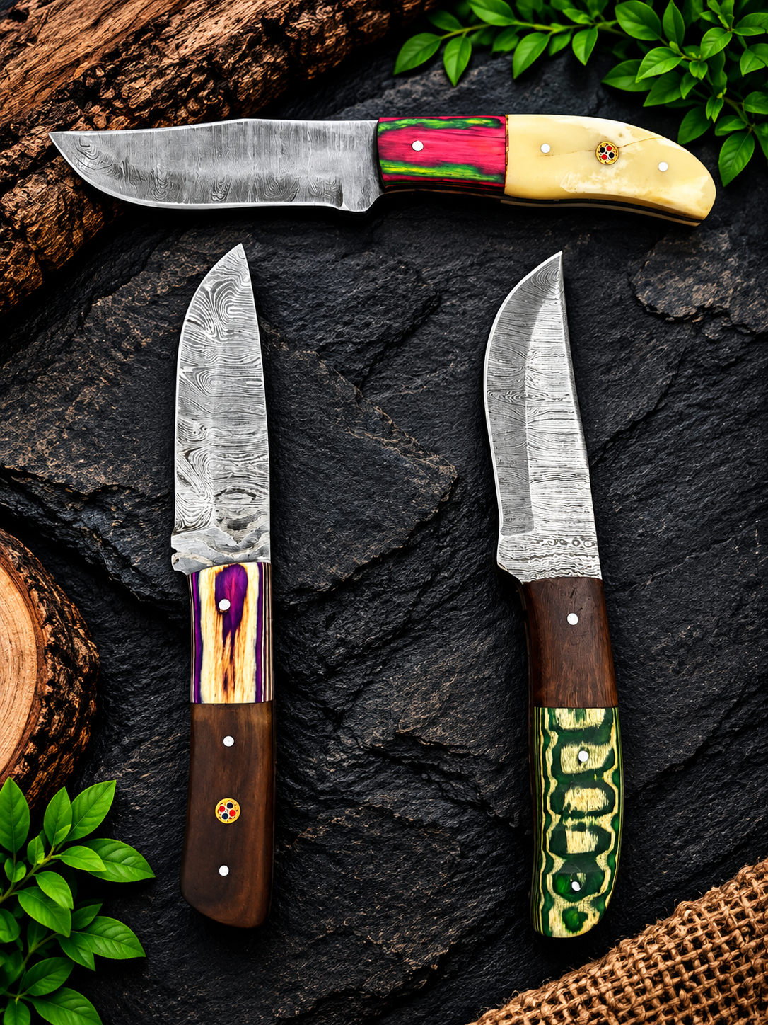 Handmade Damascus Steel 3-Knife Collection Multicolor Handles & Premium Craftsmanship